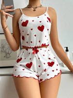 Sweet Heart Print Pajama Set for Women Cute Sleeveless Cami Top and Ruffle Shorts Soft Ribbed Knit Loungewear Adorable Pjs