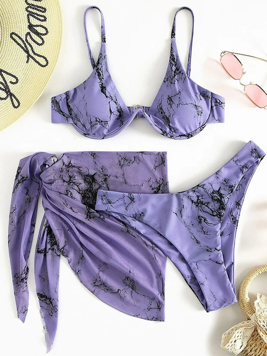 Marble Print V-Bar Underwired Bikini Women Swimsuit Female Swimwear Three-pieces Bikini Set Push Up Bathing Suit Beach Sarong