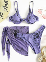 Marble Print V-Bar Underwired Bikini Women Swimsuit Female Swimwear Three-pieces Bikini Set Push Up Bathing Suit Beach Sarong