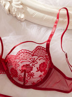 Red French Lace Embroidery Bra Set with Garter Belt Three-Piece Ensemble Sexy Underwear for Women