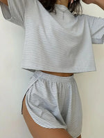 2026 New Women's Striped Pajama Set Summer Short-Sleeved T-Shirt and Shorts 2-Piece Set Home Wear Casual Loose Round Neck Pajama