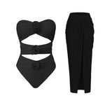 2024 Sexy Sling Ruffle Solid Two Pieces Bikini Women High Waist 3D Flower Swimsuit Skirt Summer Backless Beachwear Bathing Suit