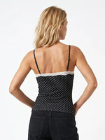 Women Summer Lace Trim Camisoles Sexy Dot Print Slim Fit V Neck Spaghetti Strap Tops