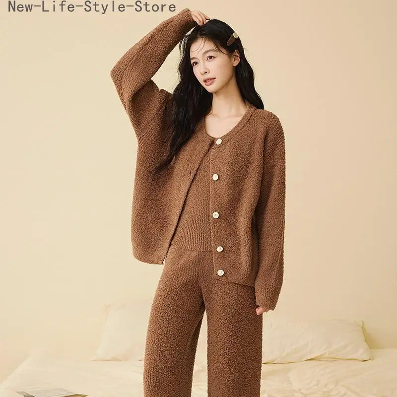 Women Autumn Winter Korean Style 3 Piece Camisole Pajama Set New Soft Half Velvet Elegant Wearable Outside Loungewear Sleepwear