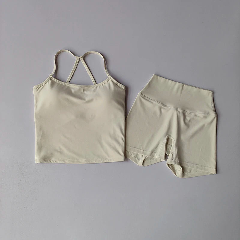 Women's Slim Shoulder Yoga Vest High Waisted Waist Hugging Naked Yoga Three Part Shorts Exercise Set Popular Fitness Clothing