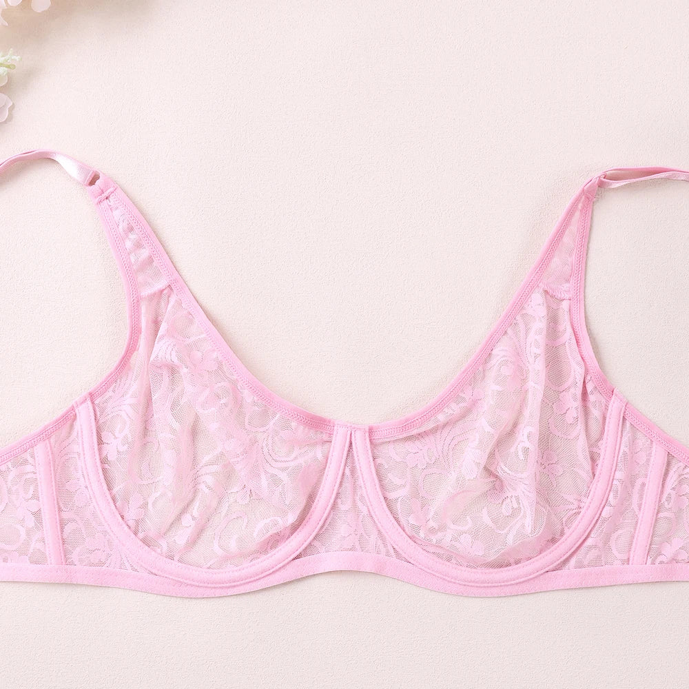 3 Pcs Womens Lace Bra Underwire BH Hollow Out Embroidery Perspective Sexy Underwear Lingerie Tops Plus Size Brassiere