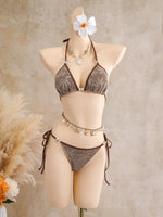 Vintage Coffee Leaves Print Mesh Skirt 3 Piece Bikinis Sets 2026 Women Beach Pearls Push Up Thong Swimsuit Bathing Suit Swimwear