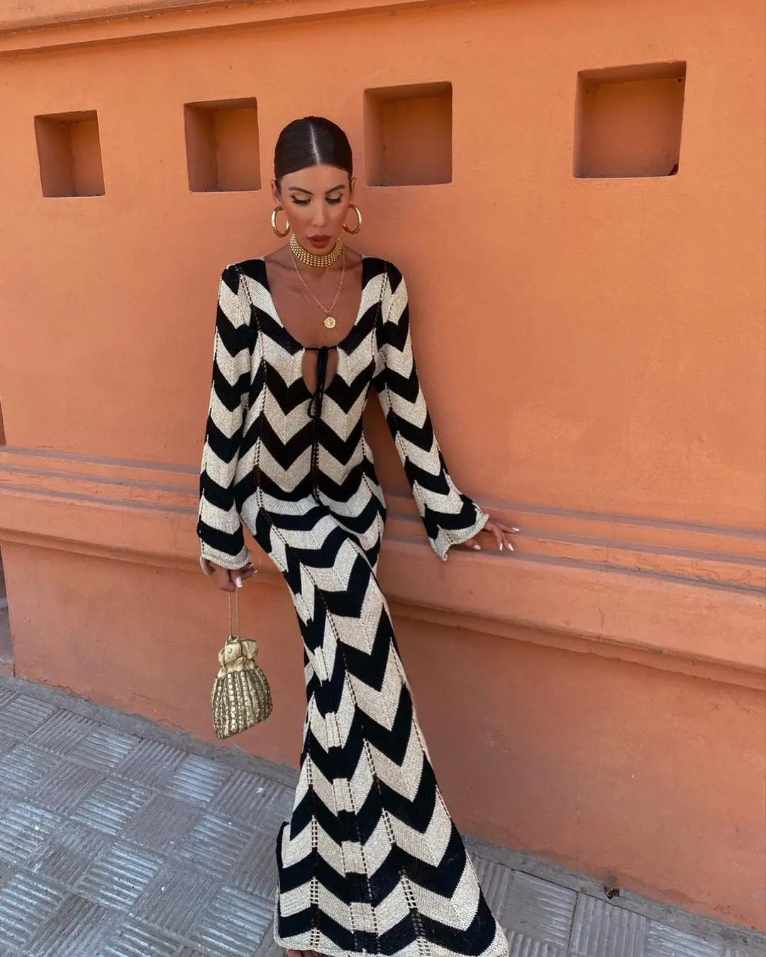 Knitted Dress Leace-up Vestido Dresses 2025 Woman Beach Hollow Out Slim Vacation Beachwear Temperament Long Sleeves Holiday Sexy