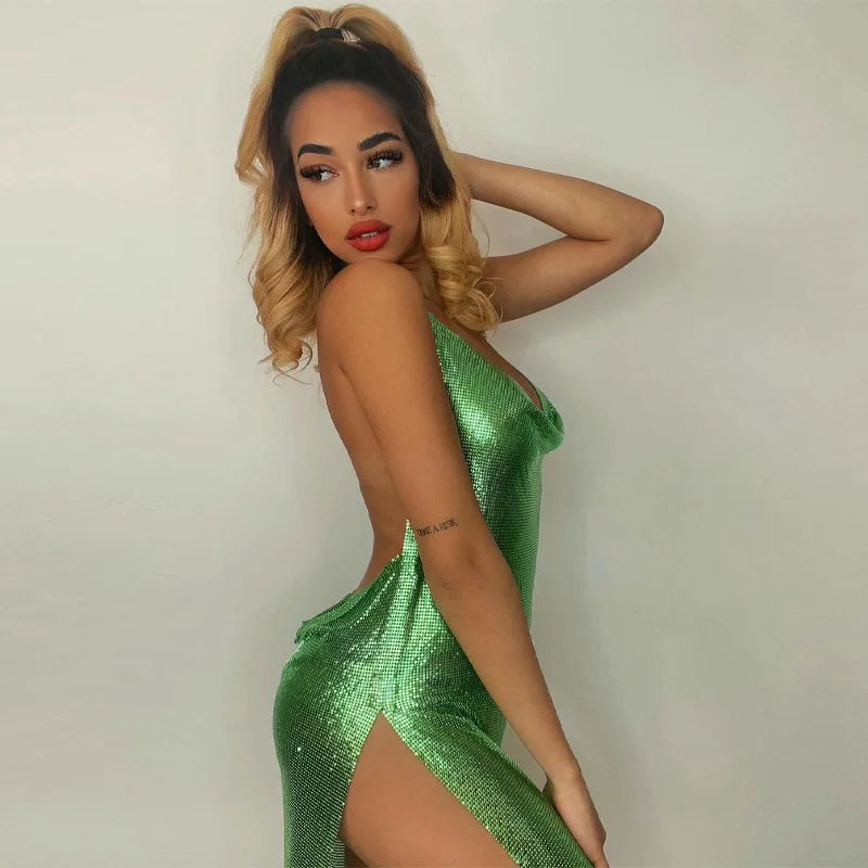 Sexy Hot Girl Slim Halter Neck Mini Dress Fold V-neck Low Cut Backless Bodycon Slit Short Dresses Streetwear Lady Party Vestidos