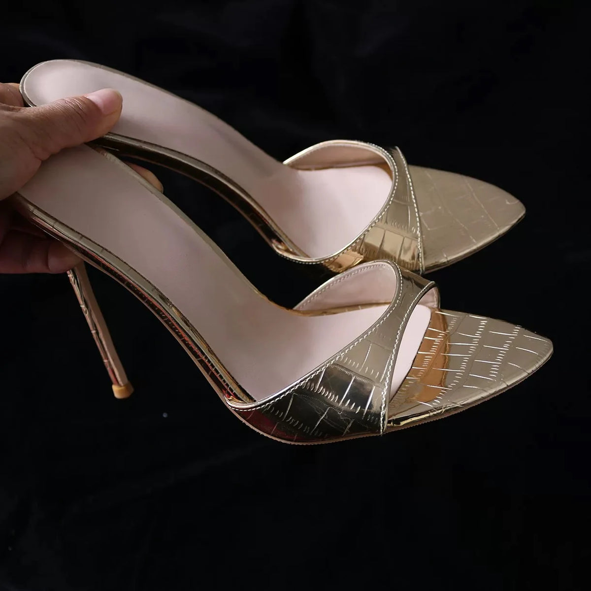 Women's Gold Crocodile Embossed Metallic Stiletto Mules - Open Toe High Heel Sandals for Party, Summer & Evening