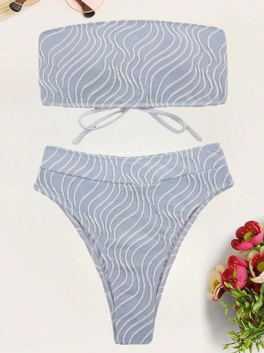 Wave Striped Bandeau Bikinis High Waist Bikini Female Swimsuit Women Swimwear Two-pieces Bikini Set Bathing Suit Swim Beach Wear