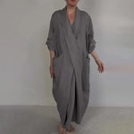 Bohemian Maxi Dress Spring Autumn Maxi Dress Robe Baggy Cross V Neck Large Pocket Retro A-line Casual Party Travel Dress