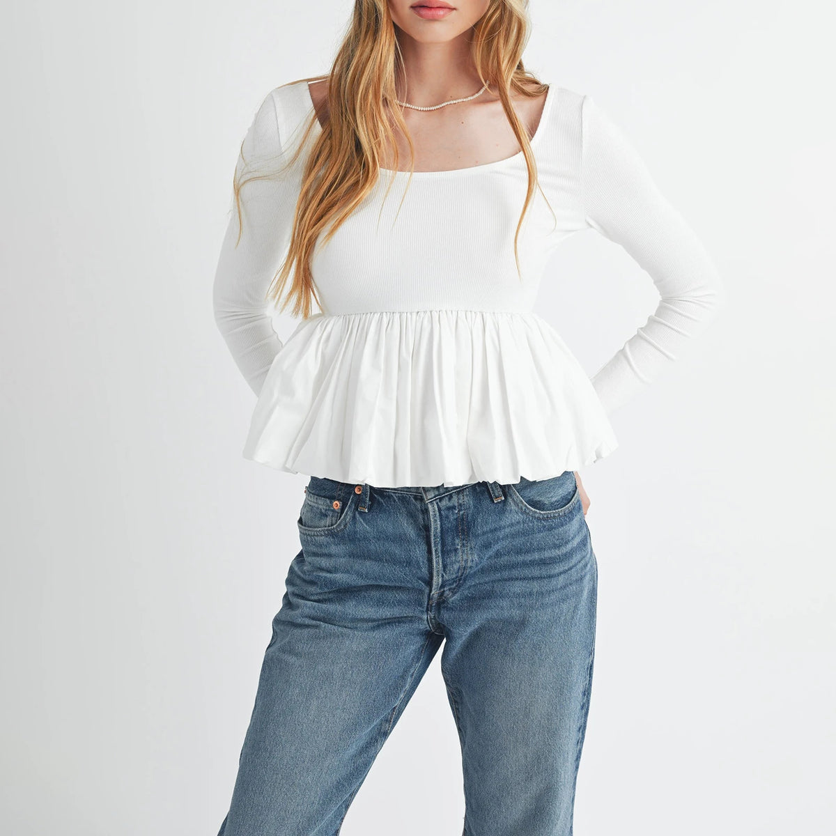 Women Long Sleeve Fall Peplum Tops Casual Solid Color Ruffled Hem Basic T-shirts Streetwear