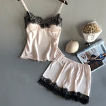 Women's Lace Satin Pajama Sets Sexy Nightwear Summer Sleeveless Tops+Shorts 2 Pcs Pyjamas Sleepwear Loungewear