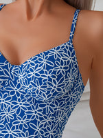 Sexy Blue Floral Print One Piece Swimsuit 2026 Women Halter V Neck Underwire Tummy Control Swimwear Beach Bathing Swimming Suits