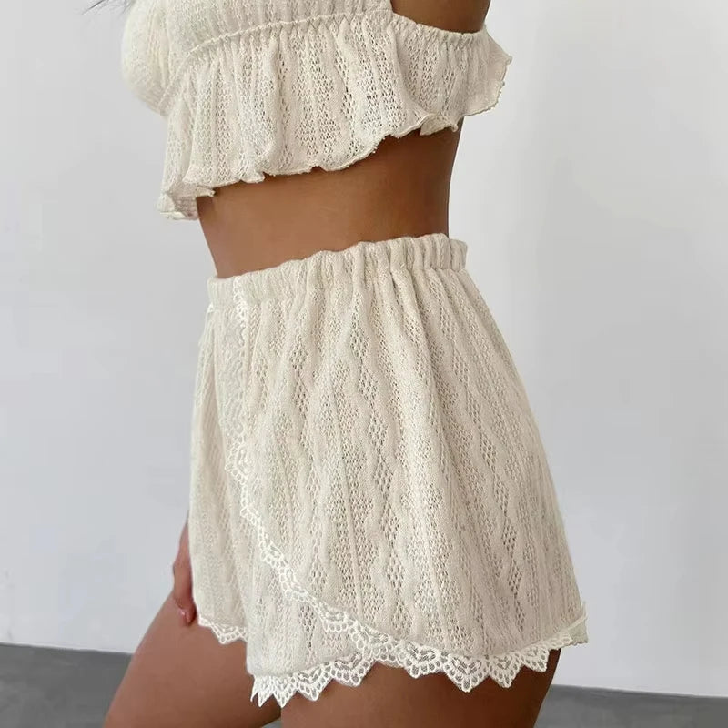 Women Pajamas Summer Fashion Lace Trim Ruffle Hem U-Neck Spaghetti Strap Cable Textured Cami & Casual Home Shorts Set Sleepwear