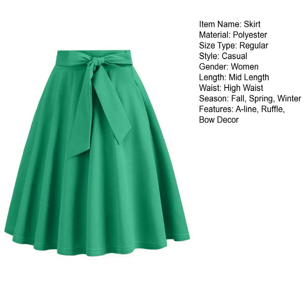 Women Skirt A-line Big Swing Belted Tight Waist Bow Decor Solid Color High Waist Soft Ruffle Summer Dating Party Midi Skirt