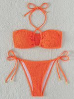 Halter Tie Side Pleated Smocked Bikini Women Bandeau Swimsuit Female Swimwear Two Pieces Bikini Set Bathing Suit Swim Beach Wear