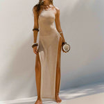 Sexy High Slit Crochet Knitted Tunic Beach Cover Up Long Dress Cover-ups Beach Dress Beach Wear Sarong Beachwear Female Women