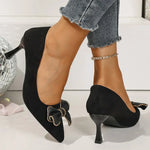 Elegant Crystal Bowknot Pumps Women 2025 Soft Faux Suede Heel Pumps Woman Fashion Pointed Toe Party High Heels Shoes Female