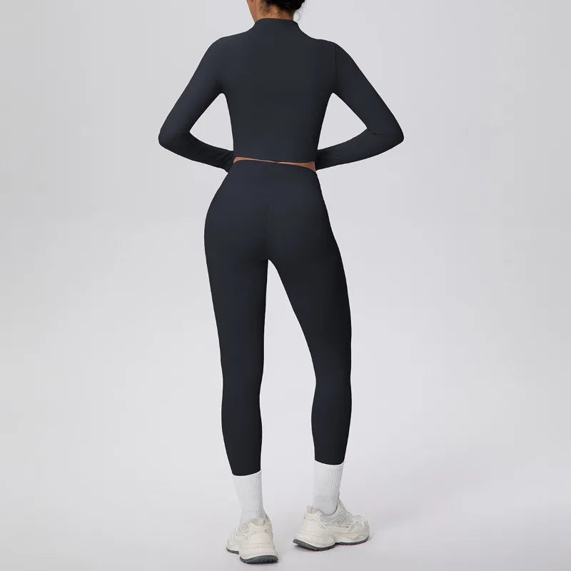 New Women Yoga Set Solid Color Double-Sided Brushed Bare Feel Short Long-Sleeve Jacket Tight Pants Running Fitness 2-Piece Set