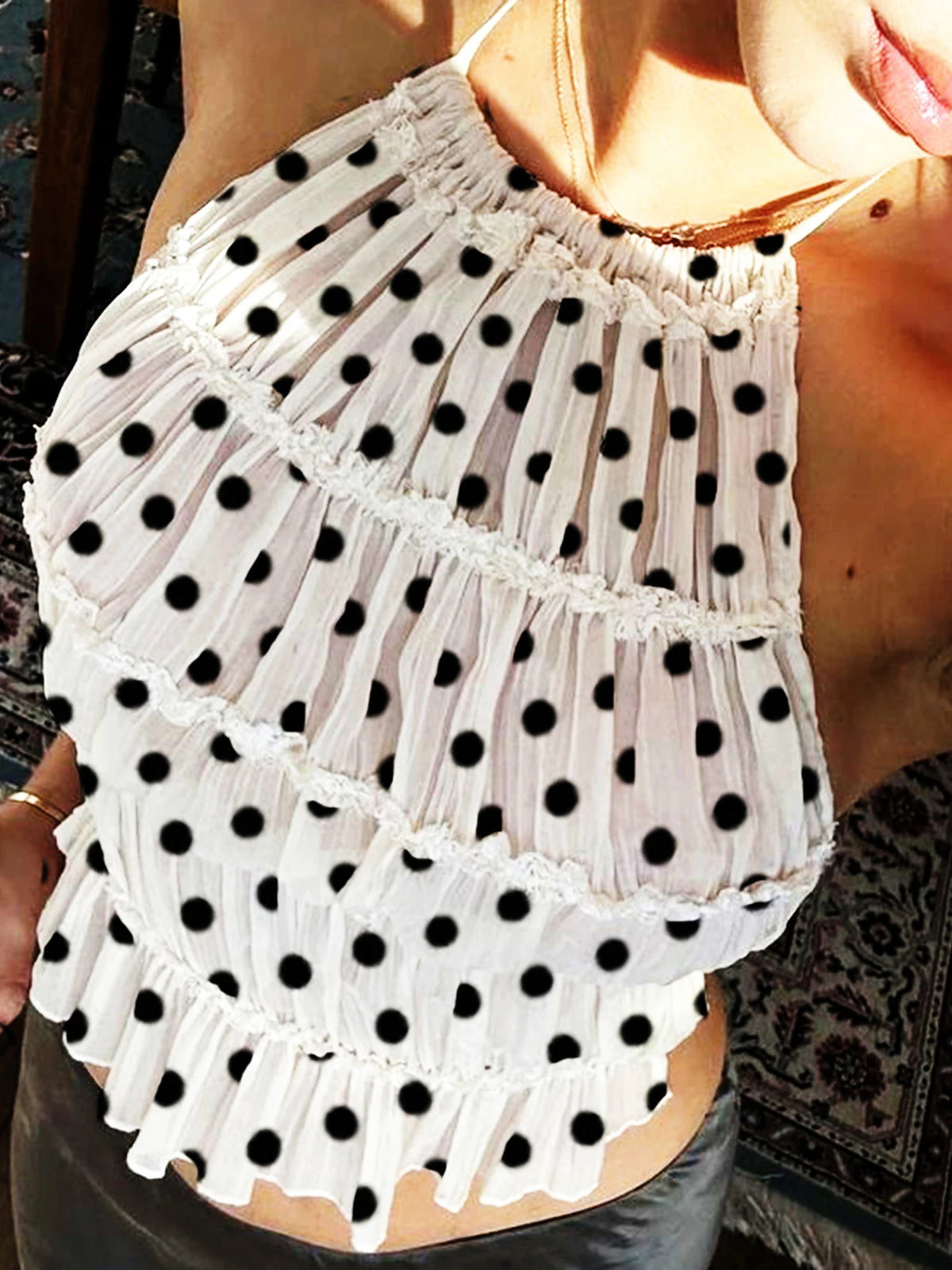 Women's Fashion Slim Fit Halter Tops Spring Summer Stylish Dot Print Ruffled Trim Backless Sleeveless Vest