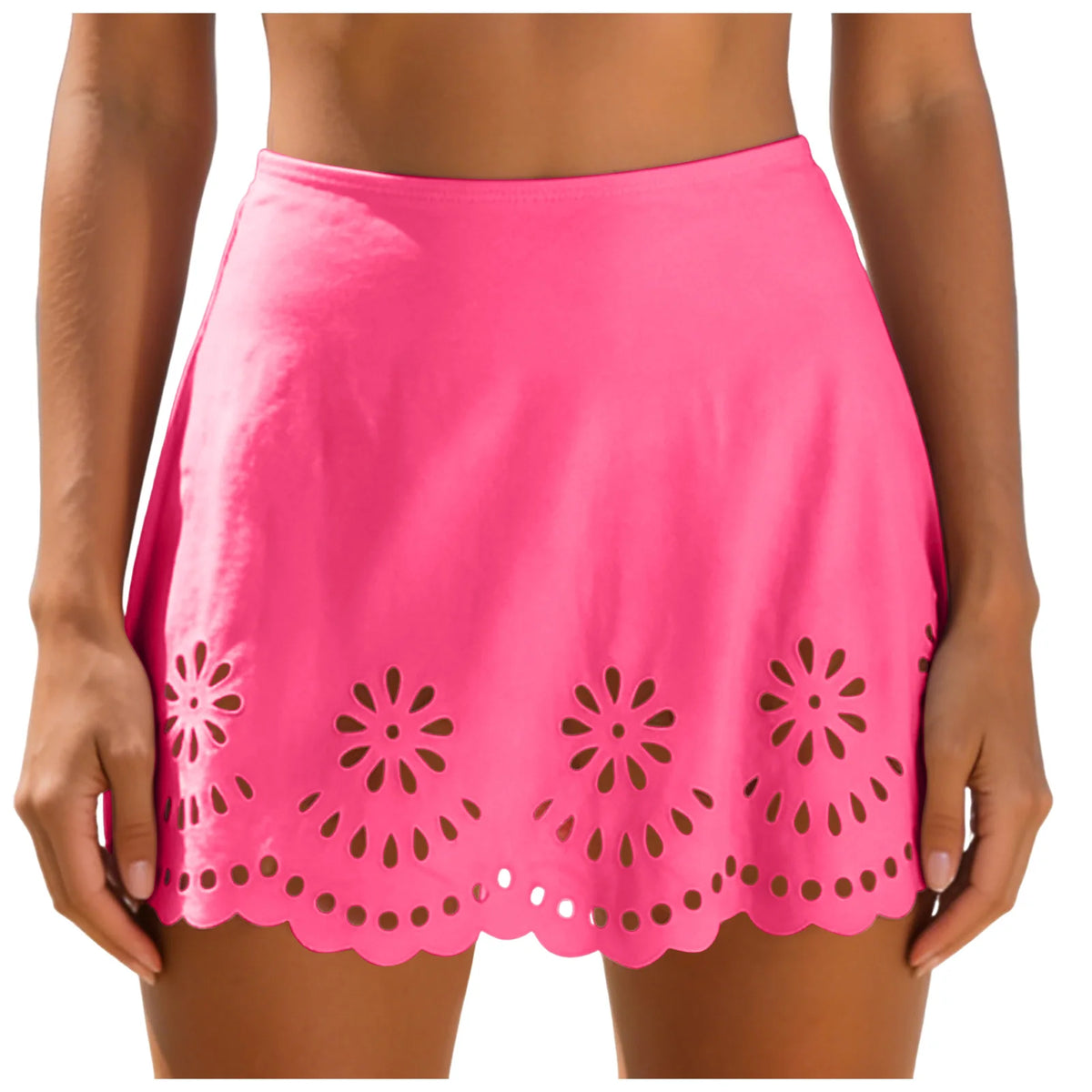 Women Solid High Waist Swim Skirts Hollow Out Floral Cutout Scalloped Hem A Line Bikini Cover Up Skirt Vacation Pool Beachwear