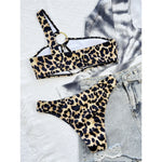 Leopard Printed One Shoulder Cut Out Bikini Female Swimsuit Women Swimwear Two-Pieces Bikini Set Bather Bathing Suit Swim V4429