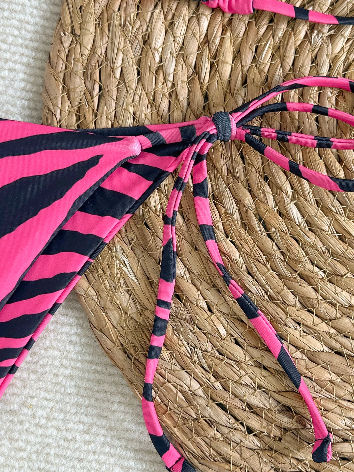 Women's Bikini Set, Two-Piece Sexy Swimsuit, Rose Red and Black Zebra Print, Side Tie Briefs, Lace-Up Triangle Bag