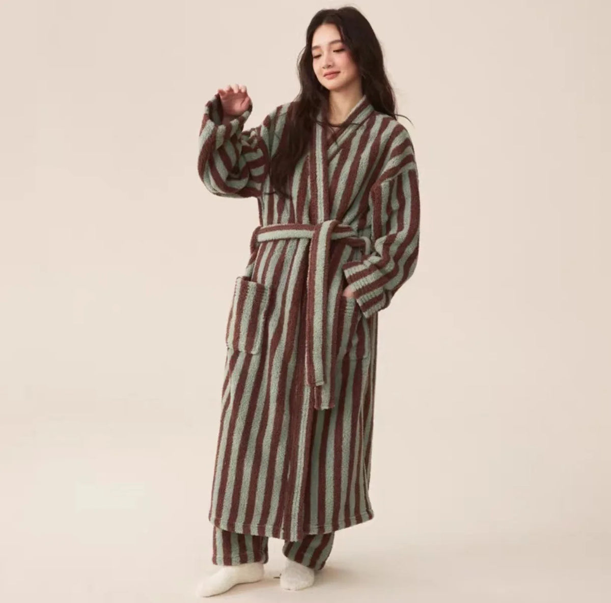 Thickened Flannel Robe Pants Pajamas Set Autumn Winter New Couple Coral Velvet Women Men Bathrobe Striped Lengthed Home Clothes