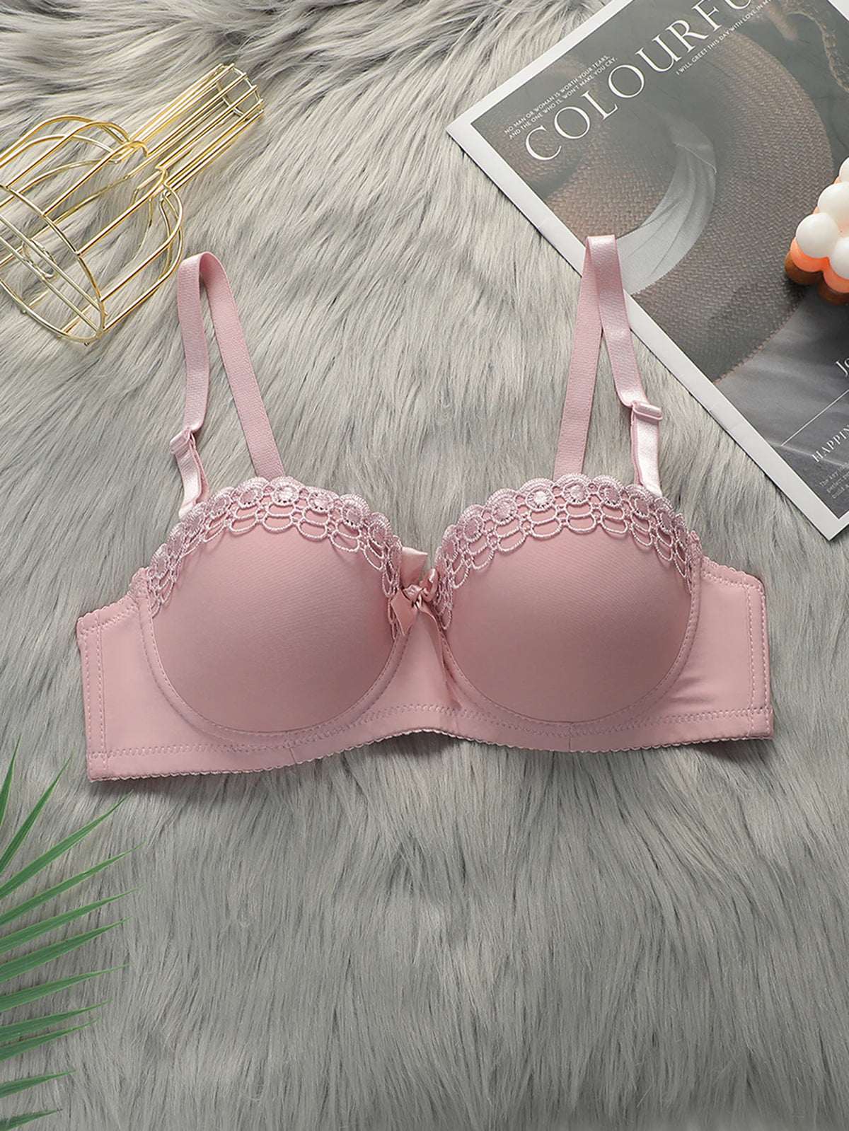 High Quality Pink Heavy Duty Lace Design Underwear Bow Daily Push Up Bra Sexy Lingerie Women With Steel RingJ1903