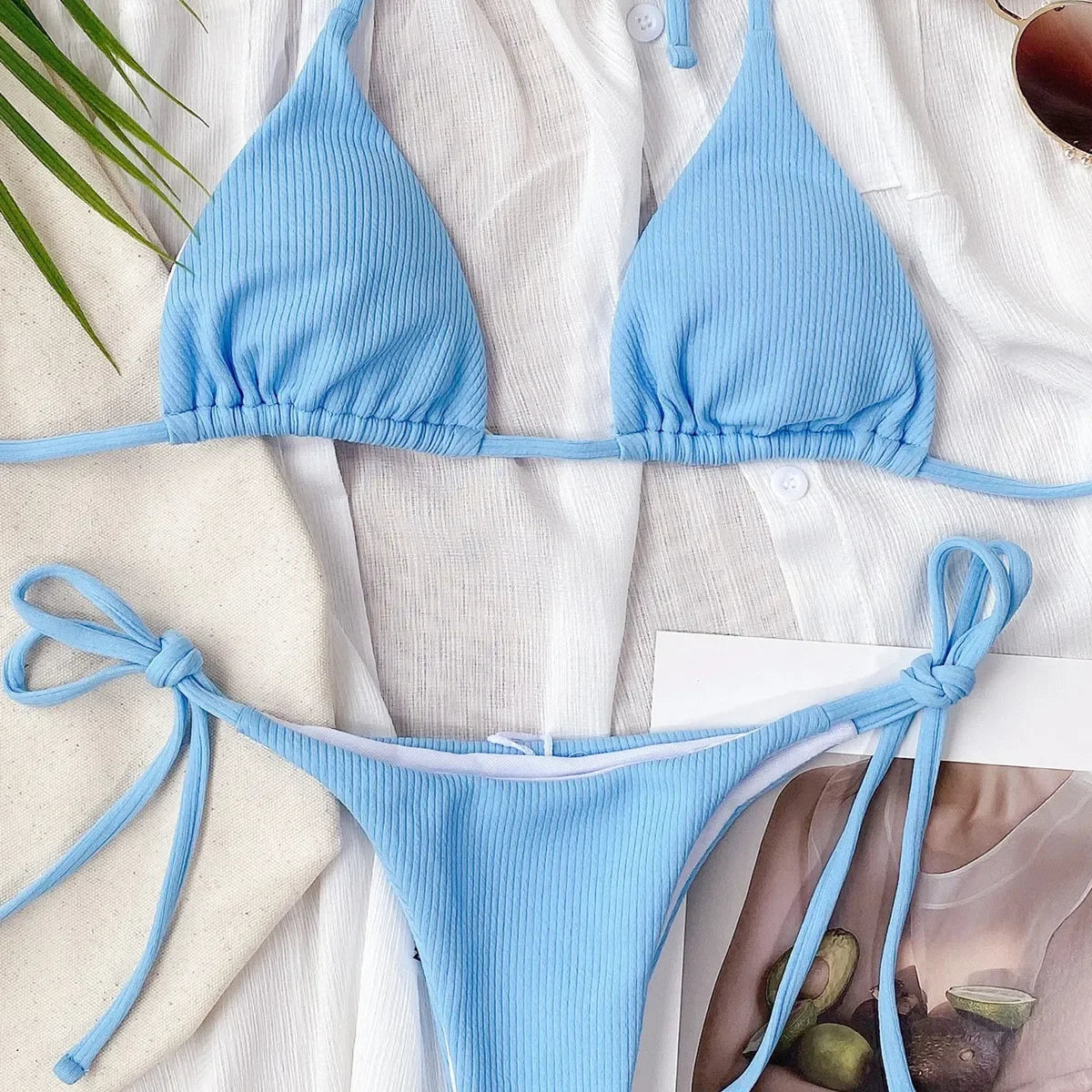 5 Colors Sexy Bikini Women Solid Swimwear Swimsuit Triangle Halter Pit Striped Bikinis Set Bathing Suit Female Banadores Mujer