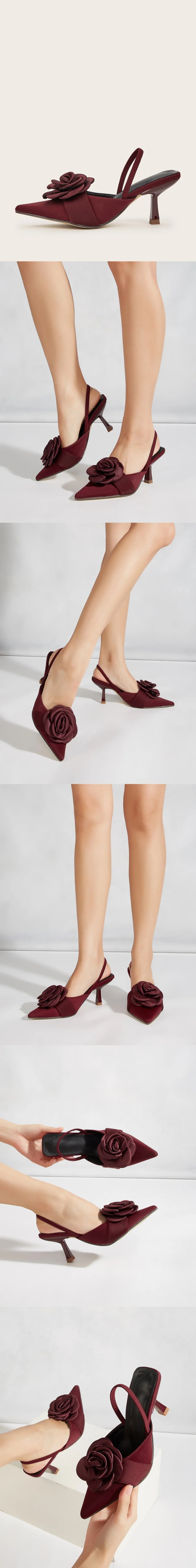 Big Size 43 Elegant Flower Burgundy Slingback Sandals Mules Summer Sexy Pointy Toe Thin High Heels Sandals Shoes Women