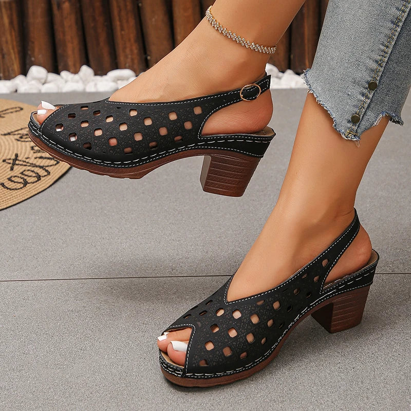 Vinatge Peep Toe Thick Heels Sandals Women Hollow Out Back Strap Rome Sandles Woman Plus Size 43 Lightweight Sandalias Mujer
