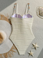 Vintage Blue Wave One Piece Swimwear Women 2026 Beading Strap Push Up Underwire Tummy Control Bathing Suit One Piece Swimsuit