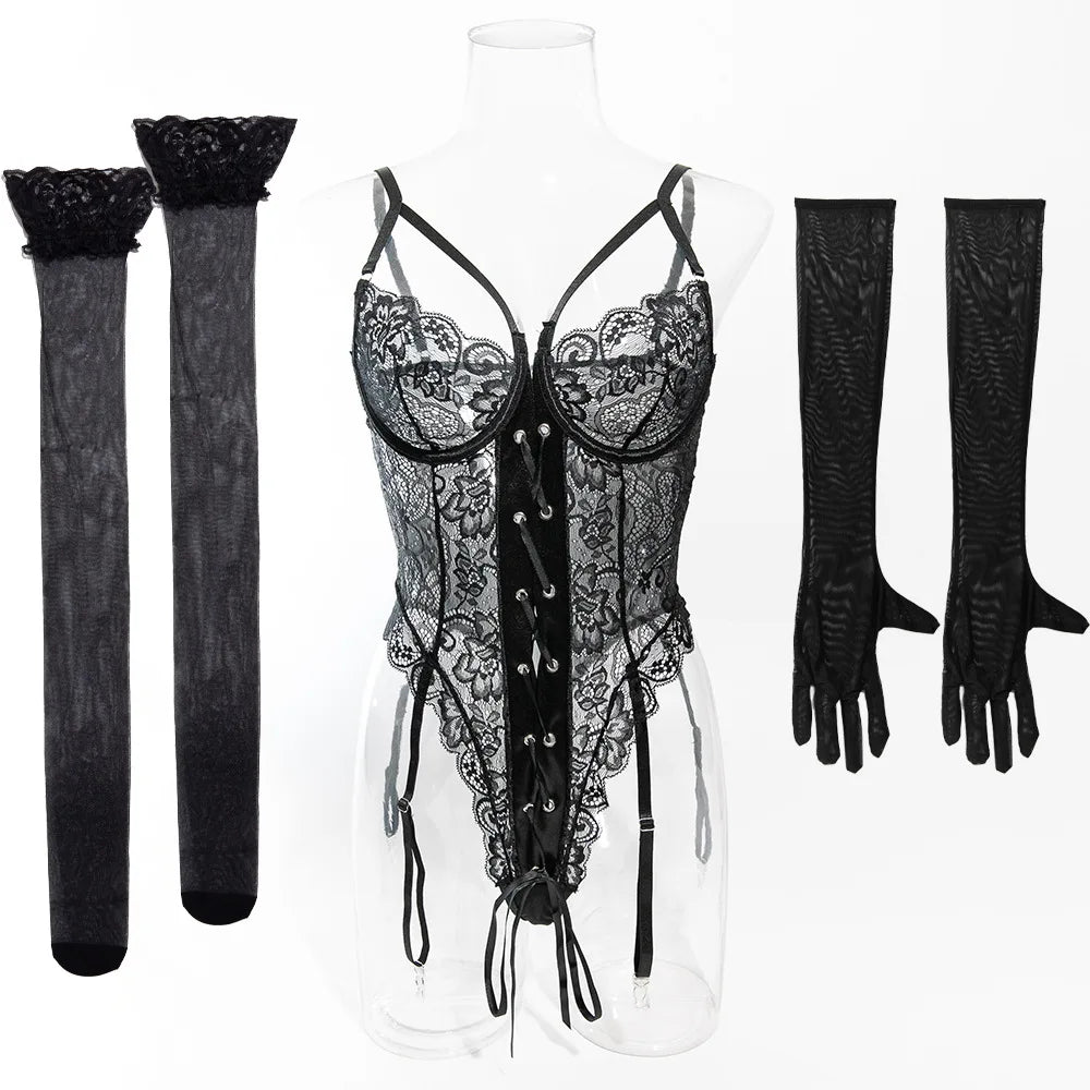 Sexy One Piece Bodysuit Lace Hollow Out Jumpsuit Women Erotic Lingerie Men's Beach Shorts