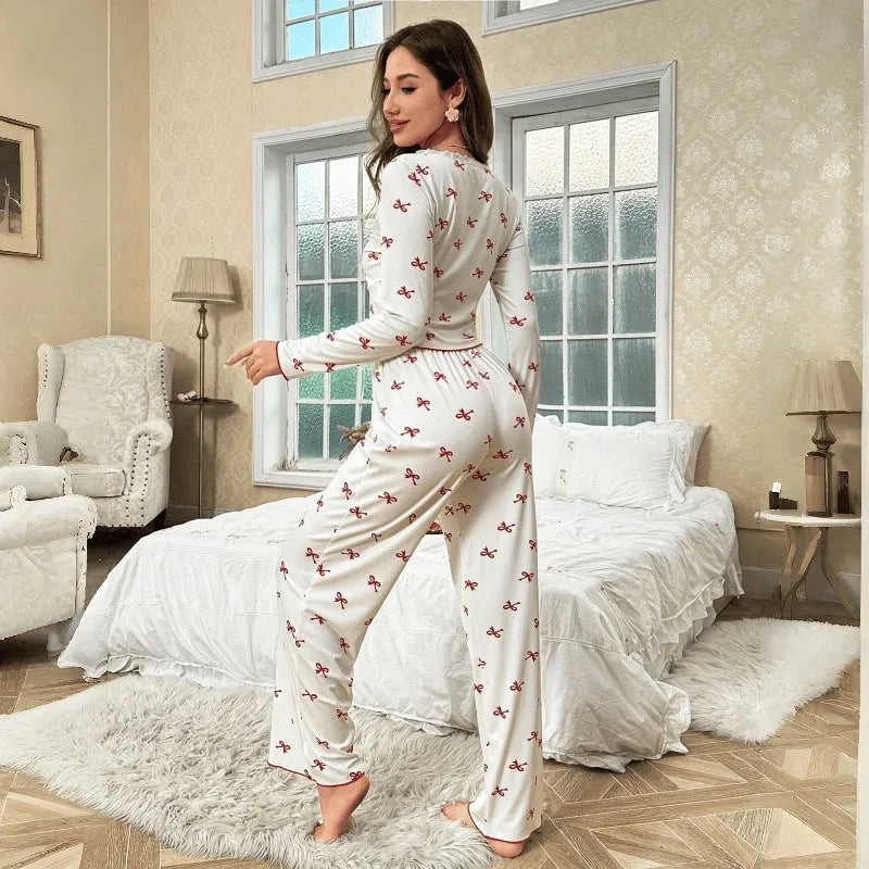 Winter Autumn Pajama Set for Women Sleepwear Lace Trim Bows Print Long Sleeve Top & Full-Length Pants Nightwear Loungewear