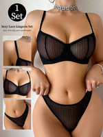 New fashion 2-piece set of sexy Lingerie set black ultra-thin lace brassere push up women's set solid color set YS2864