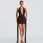 FDYOUI Elegant Halter Neck Water Drop Decoration Party Club Dress for Women 2026 Backless Bandage Folds Short Evening Dresses