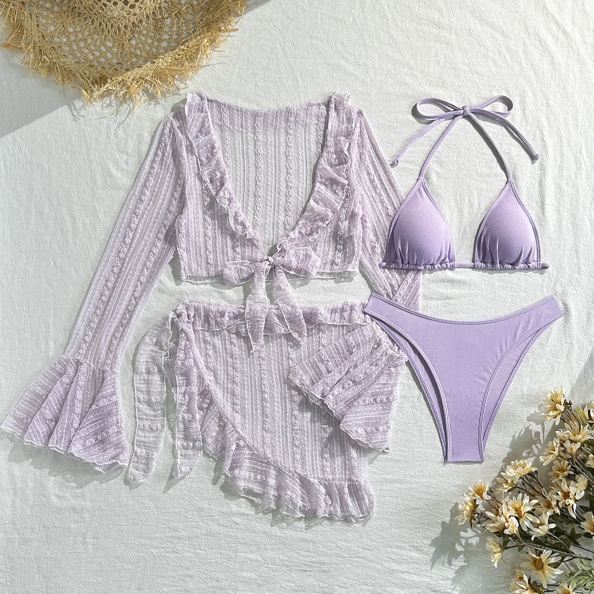 Sexy 4 Pieces Bikinis Sets Women Mesh Long Sleeve Cover Up Beach Skirt Swimwear Holiday Beach Bathing Suit Patchwork Swimsuit