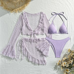 Sexy 4 Pieces Bikinis Sets Women Mesh Long Sleeve Cover Up Beach Skirt Swimwear Holiday Beach Bathing Suit Patchwork Swimsuit
