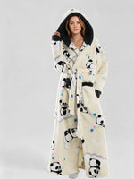 Winter Hooded Flannel Bath RobeCouples Loose Fit Animal Fruit Multi Print Long Loungewear Robe with Belt Double Side Pockets