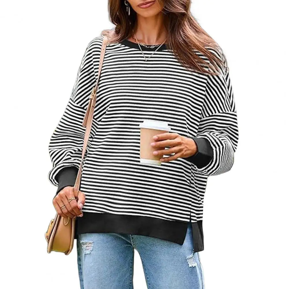 Long Sleeve Crewneck T-Shirt Split Hem Women Striped Oversized Sweatshirt Waffle Knitted Tunic Top Casual Women Sweater