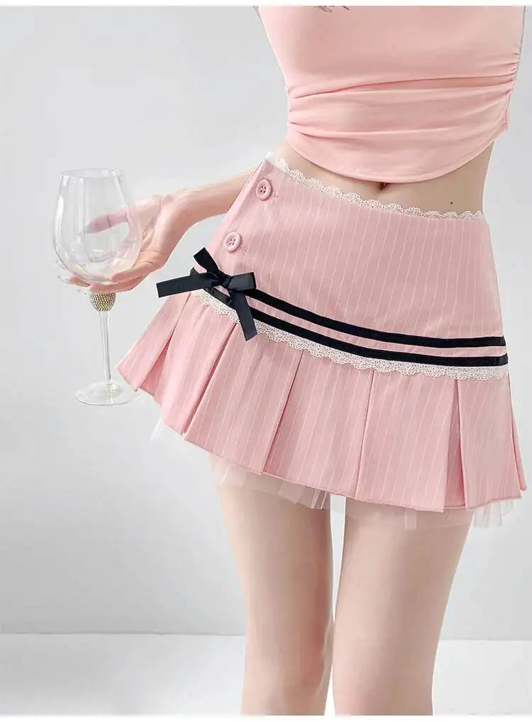Striped Contrasting Color Bow Lace Splicing Pleated Skirt Women 2026 Summer American Style Low WaistA-line Short Skirt UBFK