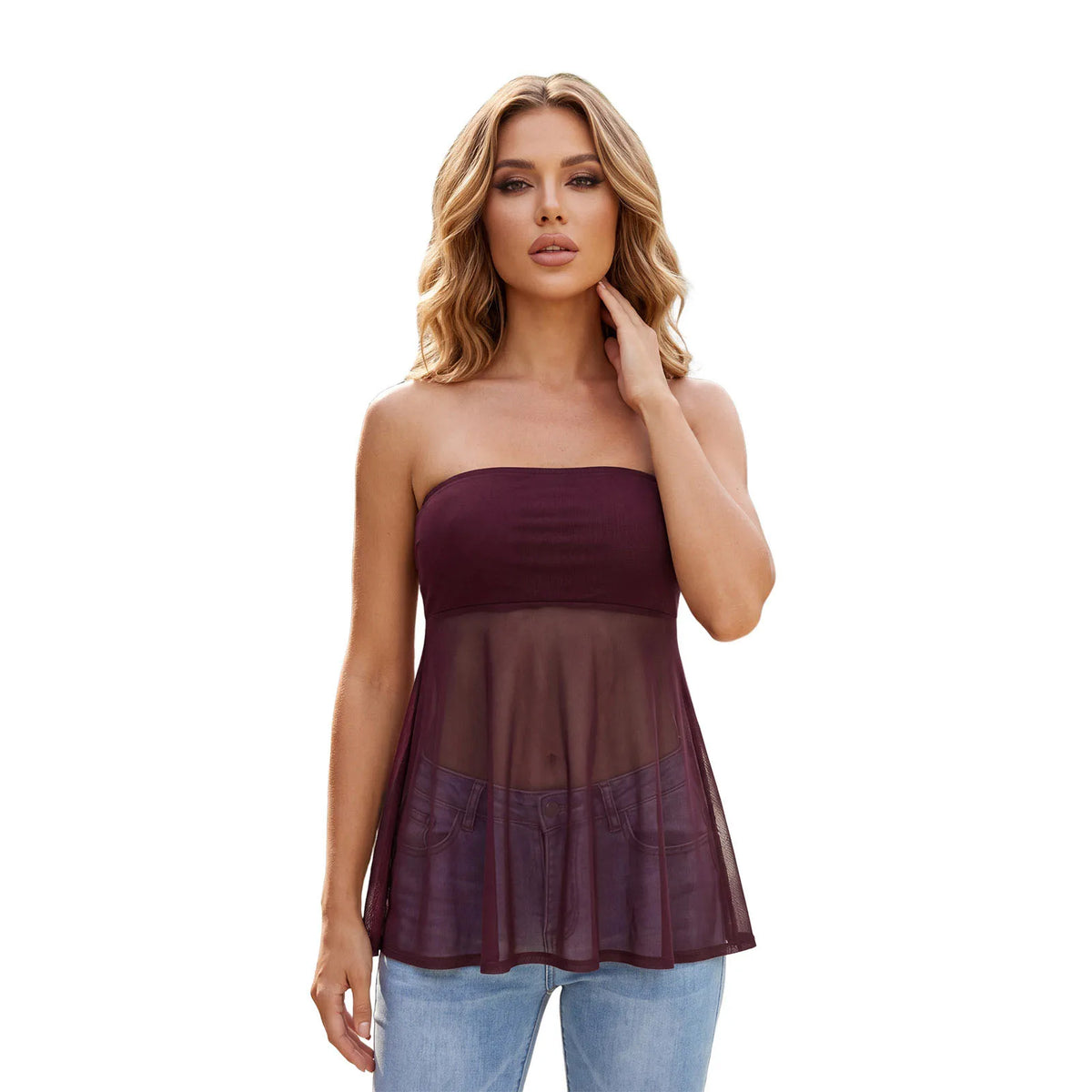 Women's Solid Color Back Tie-up Sheer Flowy Hem Vest Summer Strapless Mesh Tube Top Streetwear