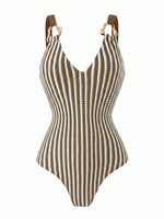 Vintage Black Striped Swimwear Skirts Set Women 2026 Metal Buckle Strap V Neck Slimming Bathing Suit Holiday One Piece Swimsuit