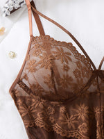 Net fabric see-through deep V nightgown thong set - dark color floral lace strapless fitted sexy nightgown set