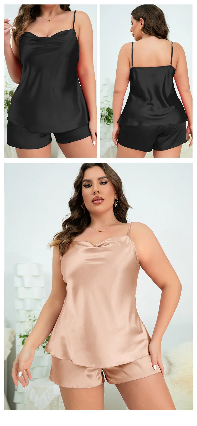 Oversize 3XL 4XL 5XL Suspender Pajamas Set Summer Female Pijamas Suit Pink Silk Satin Cami Shorts Sleepwear Loose Homewear