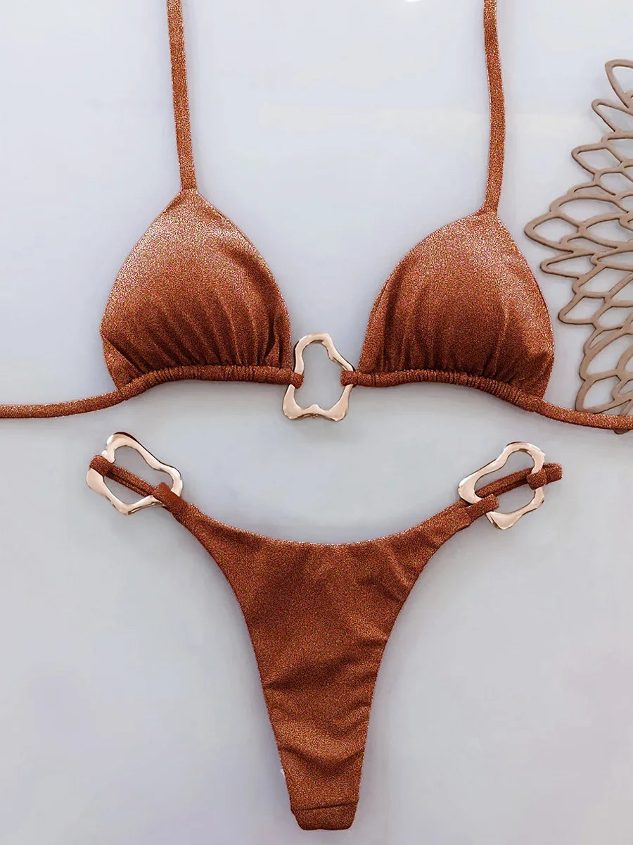 Sparkling Metal Ring Halter Extreme Mini Thong Bikini Female Swimsuit Women Swimwear Two-pieces Bikini Set Bathing Suit Swim