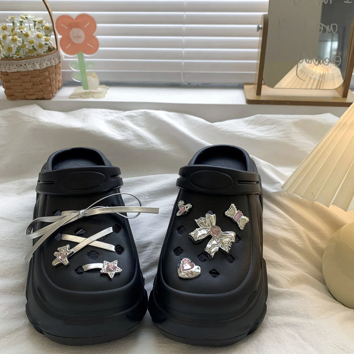 Cute DIY Bow knot Fashion Clogs For Women Indoor Street Slippers Thick Sole Female Summer Shoes Soft EVA Girls Beach Sandals